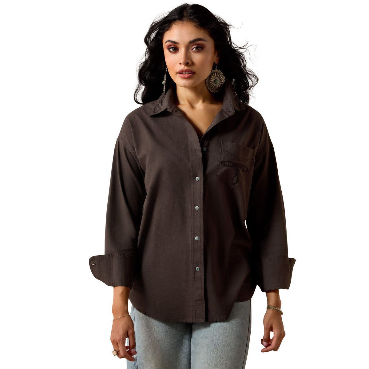 Ariat Women's Dazzle Shirt in Raven, a stylish black button-up shirt with a tailored fit and subtle detailing.