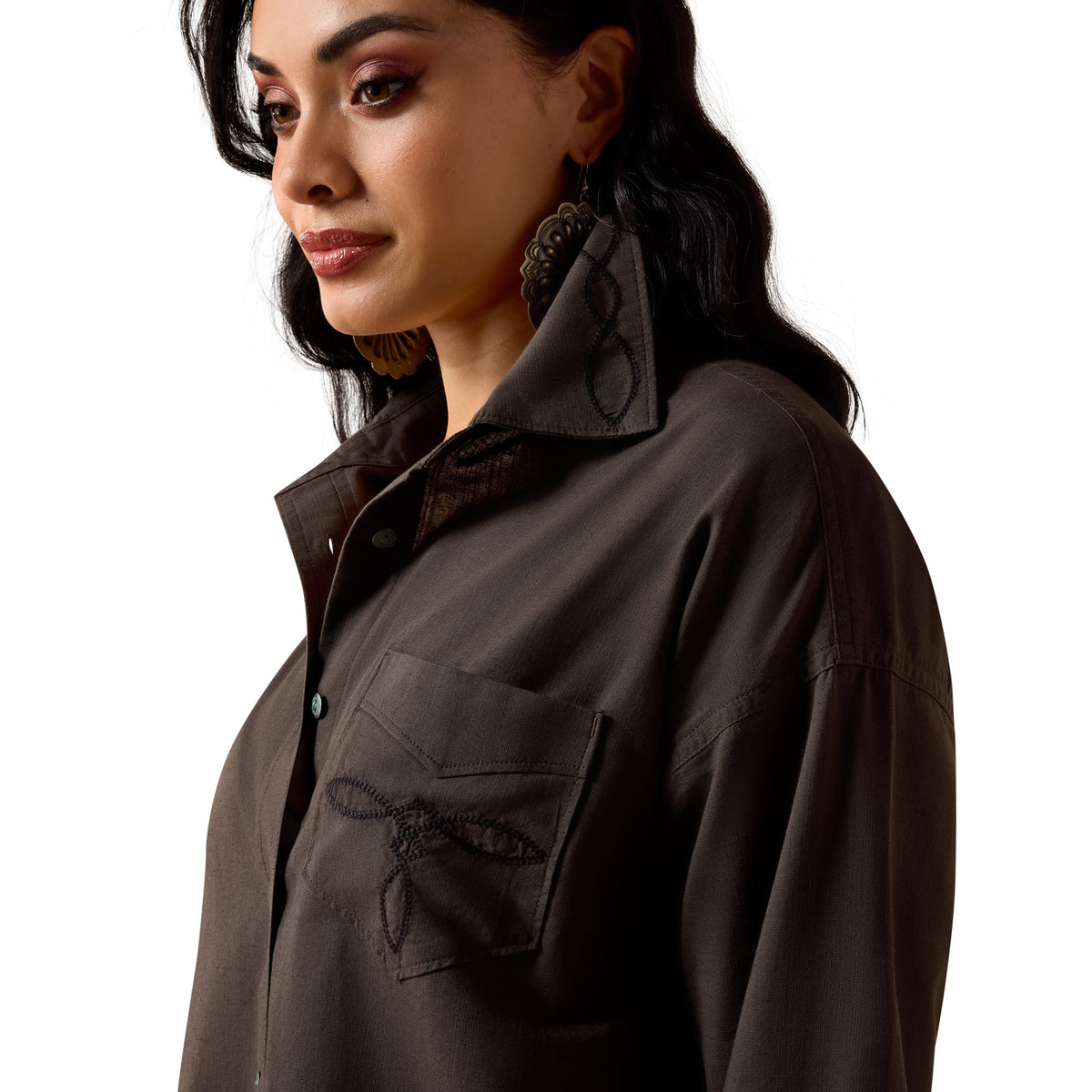 Ariat Women's Dazzle Shirt in Raven, a stylish black shirt with subtle detailing, perfect for casual or equestrian wear.