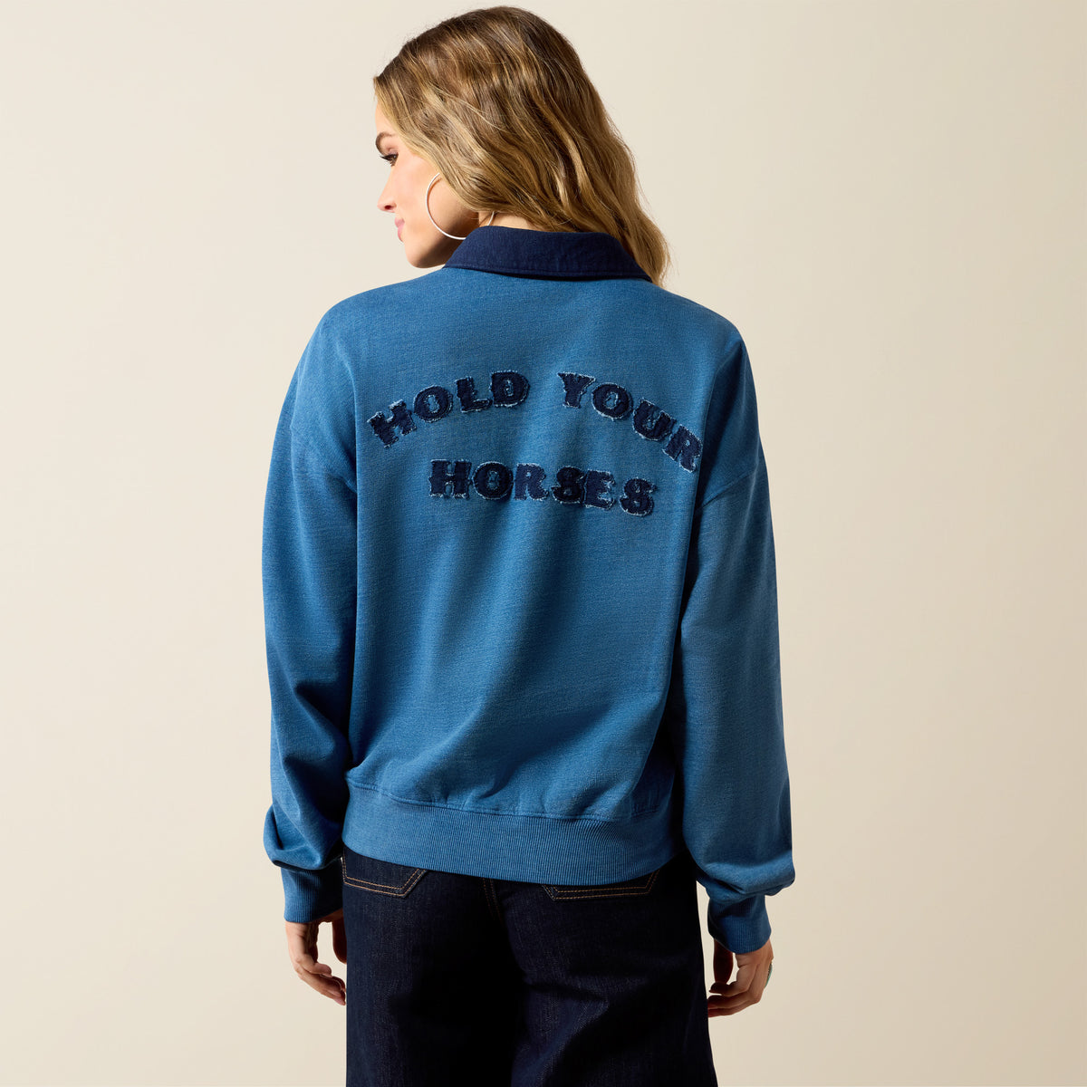 Ariat Women's Hold Your Horses Indigo Sweatshirt with graphic print, cozy casual wear for women.
