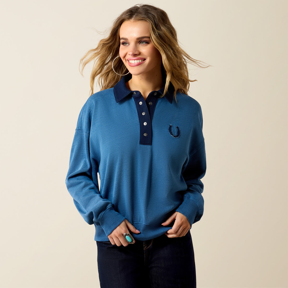 Ariat Women's Hold Your Horses Indigo Sweatshirt with long sleeves and graphic print, casual comfortable women's apparel.