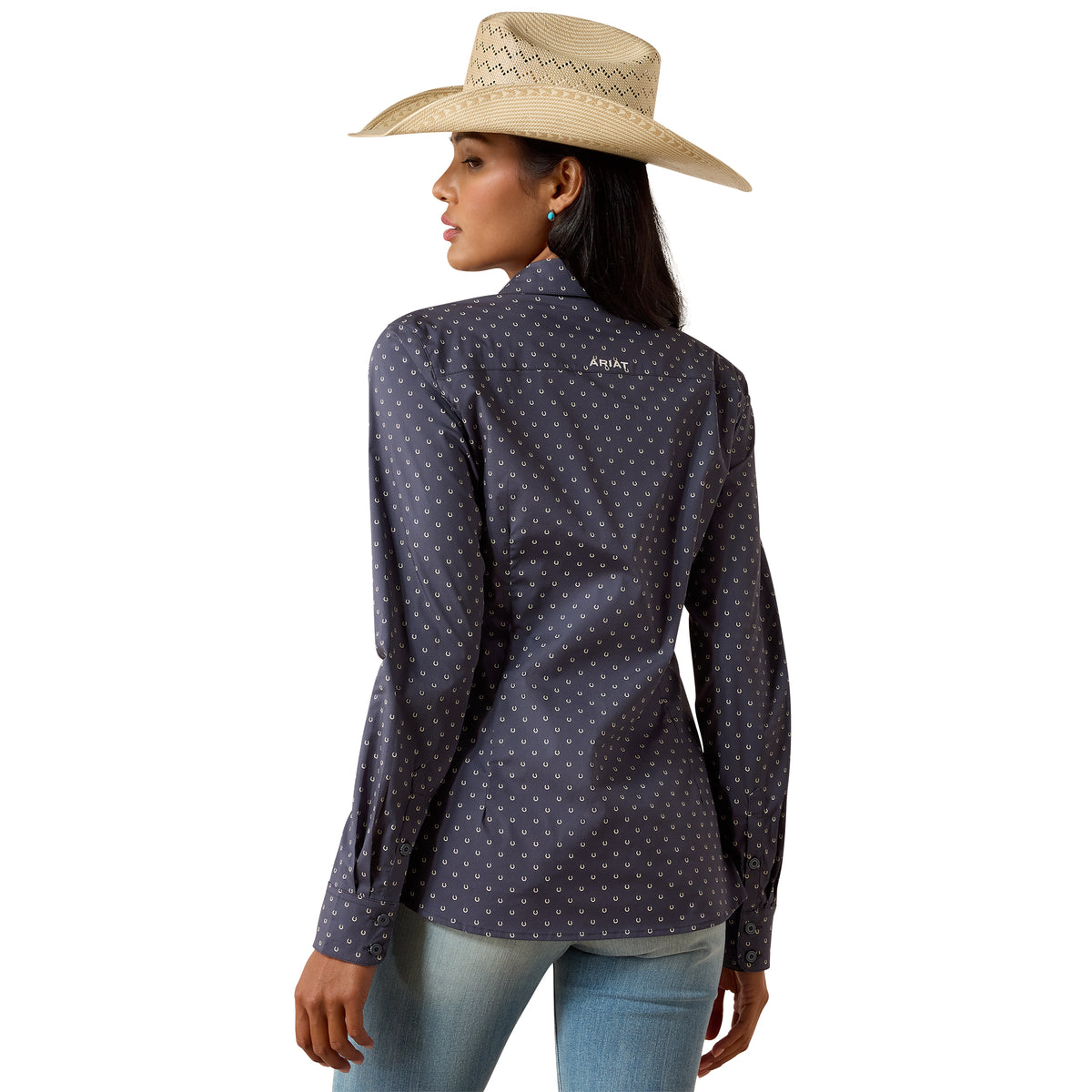 Ariat Women's Kirby Stretch Shirt in ombre blue with horseshoe pattern, casual fit and lightweight fabric.