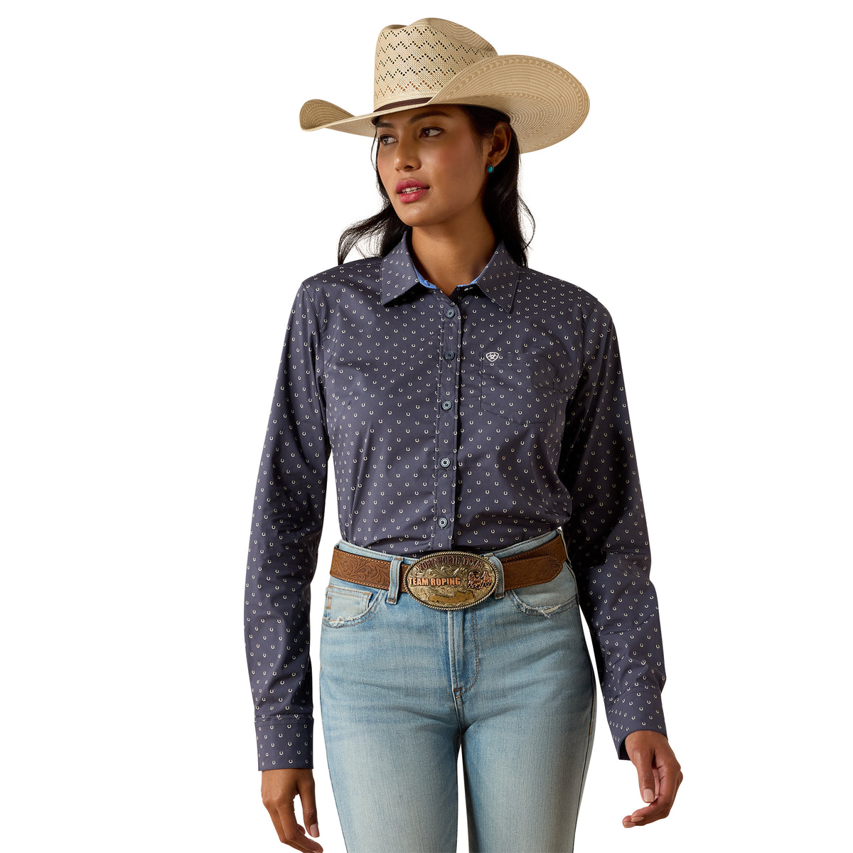 Ariat Women's Kirby Stretch Shirt in Ombre Blue with Horseshoe pattern, casual fit and comfortable fabric.