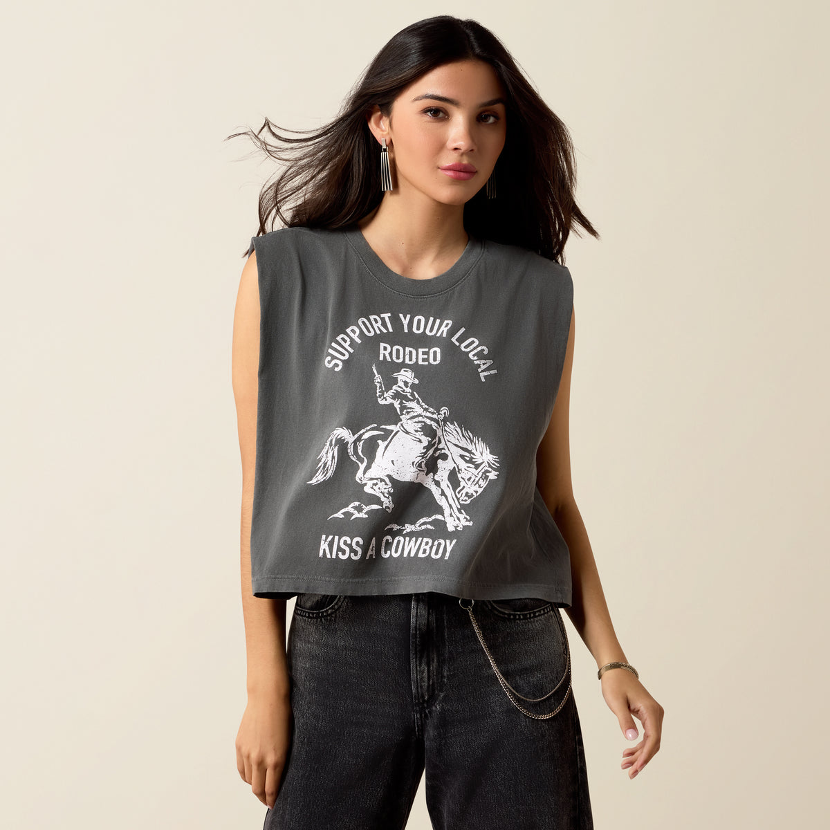 Ariat Women's Kiss a Cowboy T-Shirt in faded black, casual fit, featuring graphic design on the front.