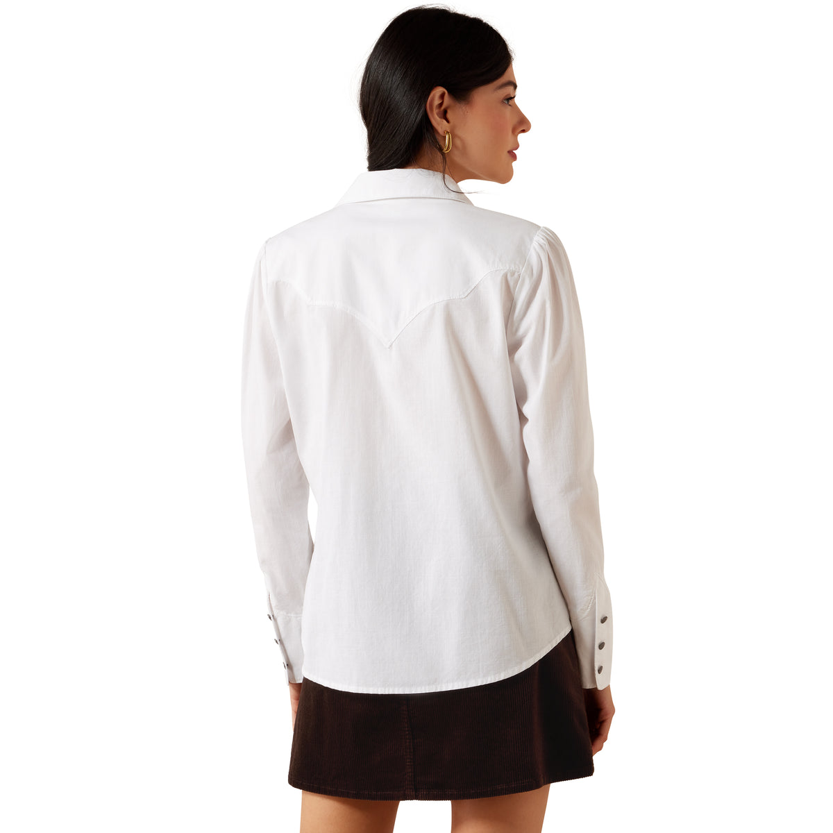 White Ariat Women's Lattice Shirt, casual button-up top with lattice detailing, shown on a model.