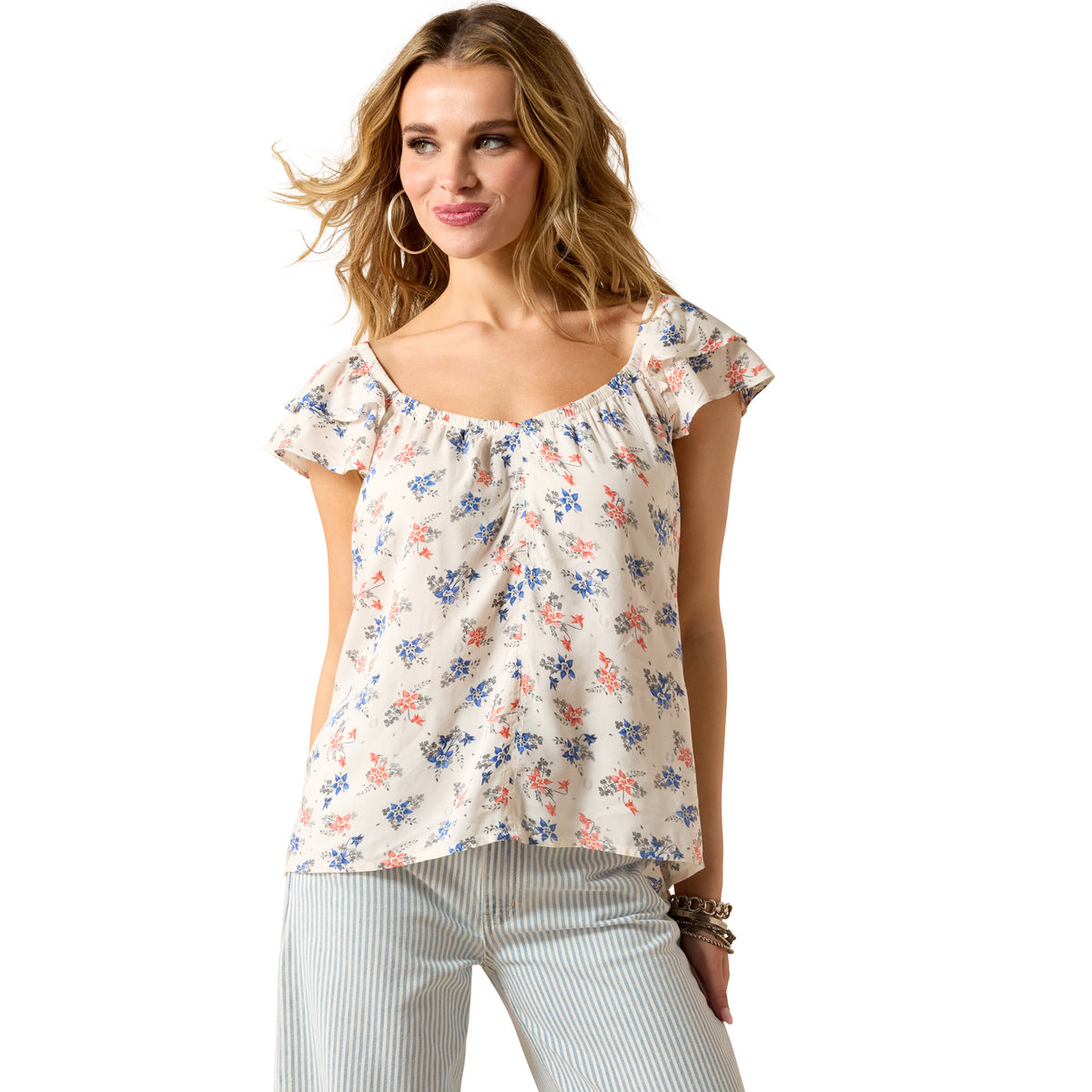 Ariat Women's Lynn Top floral print shirt with long sleeves and V-neck, featuring colorful floral patterns.