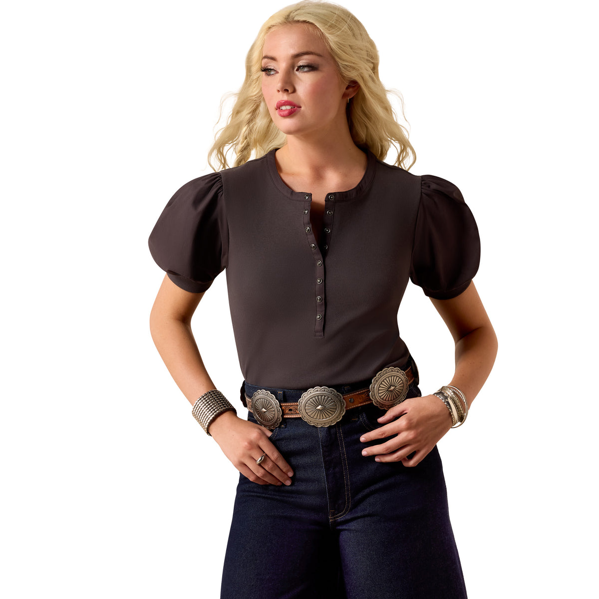 Ariat Women's Oakley Snap Top Raven shirt featuring a casual button-up design in dark fabric.