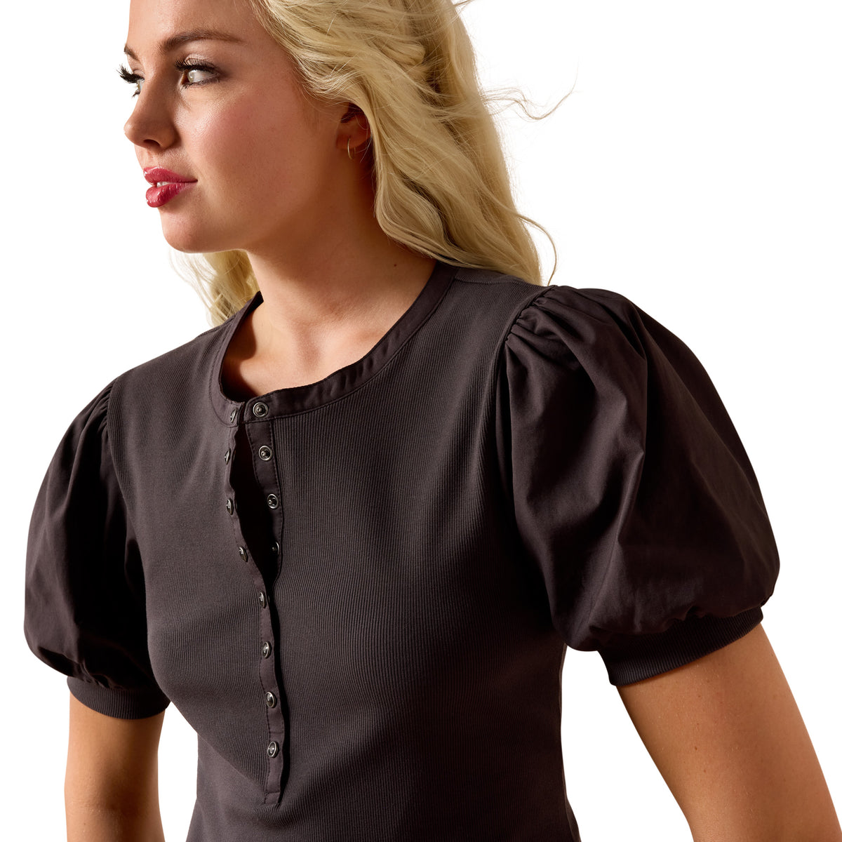 Ariat Women's Oakley Snap Top shirt in raven color, featuring a classic button-up design and collar, made from comfortable fabric.