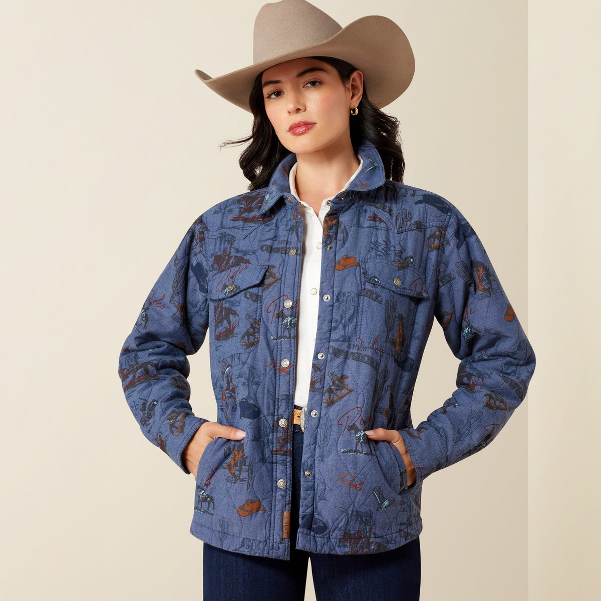 Ariat Women's Obispo Lightweight Insulated Jacket in Retro Rodeo style, shown with front zipper and quilted design.