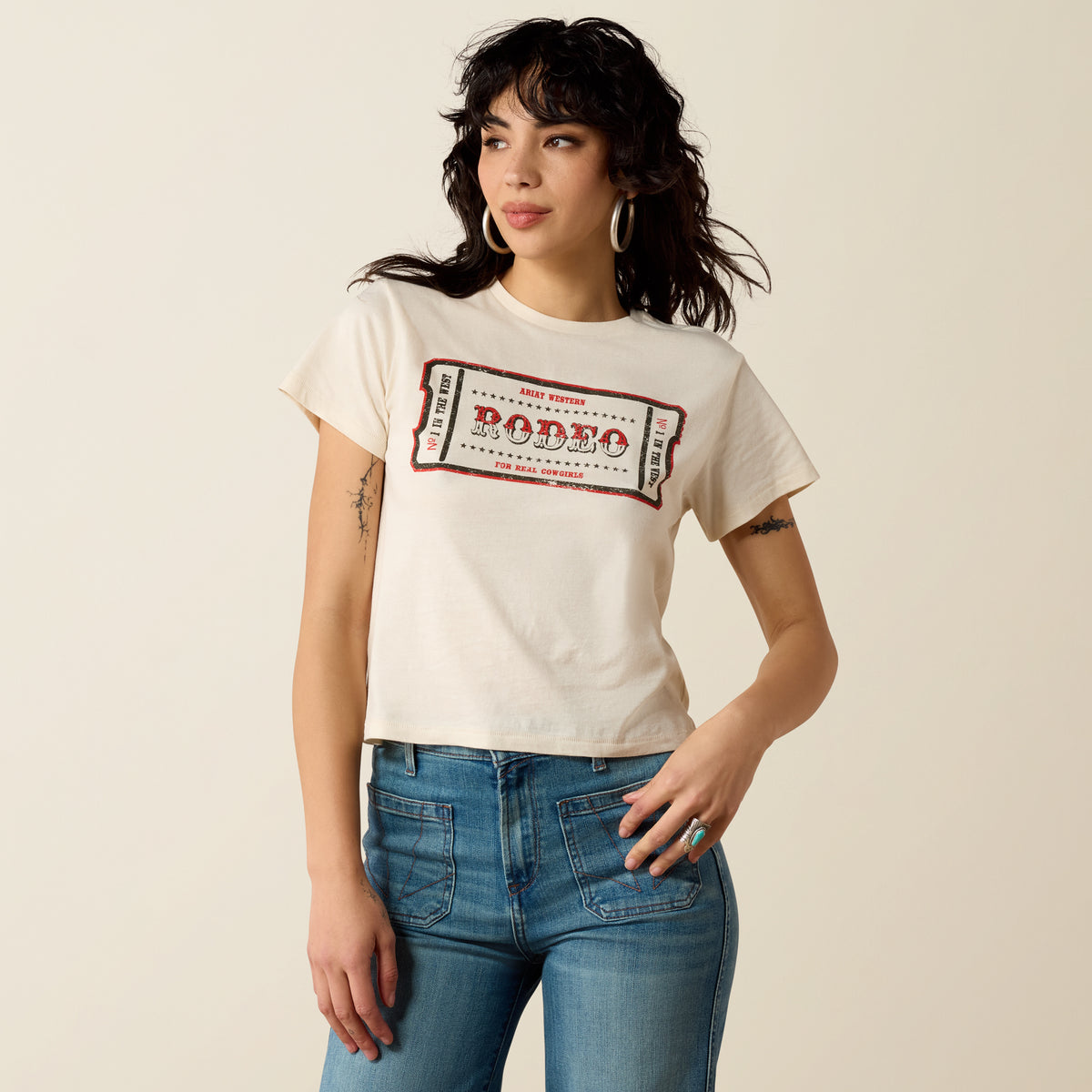 Ariat Women's One in the West short sleeve T-shirt in natural color, casual cotton tee with a relaxed fit and western-inspired design.