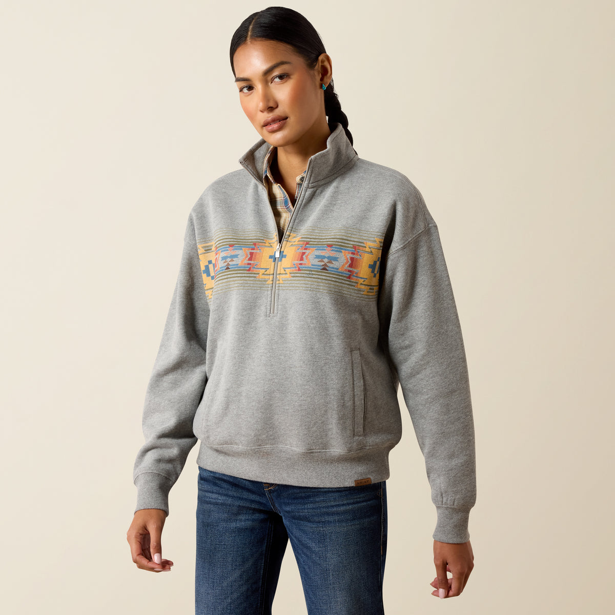 Ariat Women's Heather Grey Selena 1/2 Zip Sweatshirt, cozy casual sweatshirt with a half-zip front and soft fabric.