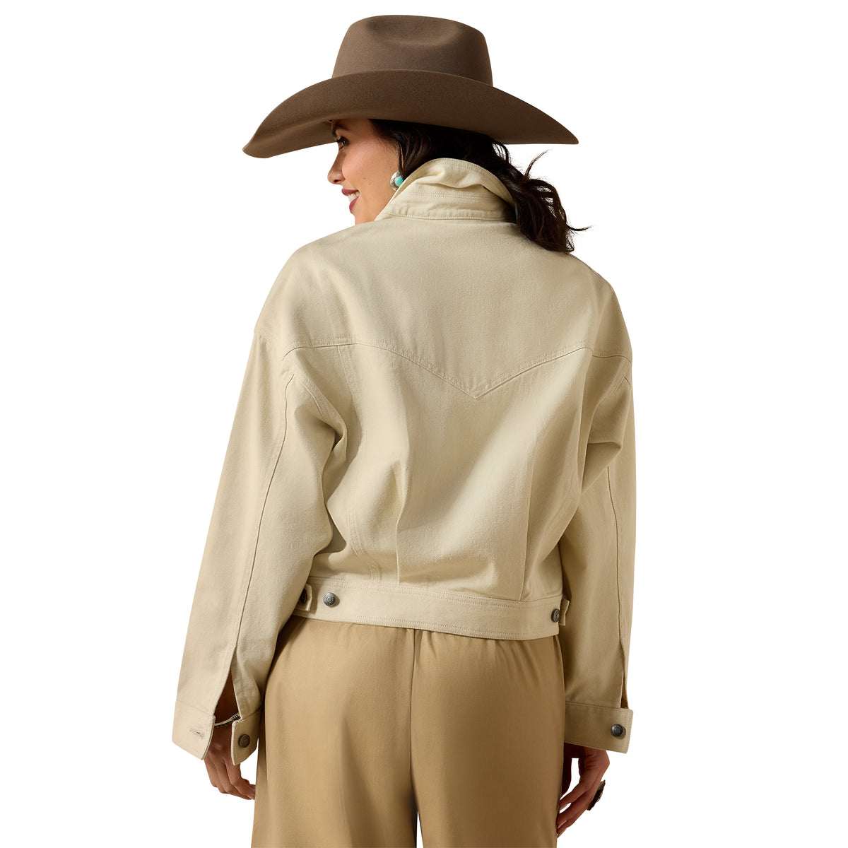 Ariat Women's Solar Cotton Twill Trucker Jacket in Summer Sand, showing the lightweight, casual design with button front and collar.