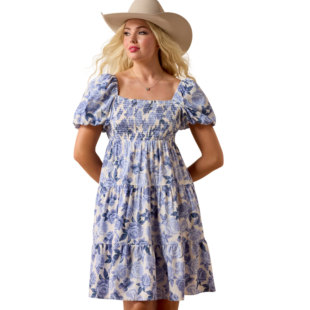 Ariat Women's Sweetie Dress in Roses Are Blue featuring a floral design and feminine silhouette, perfect for casual or semi-formal wear.