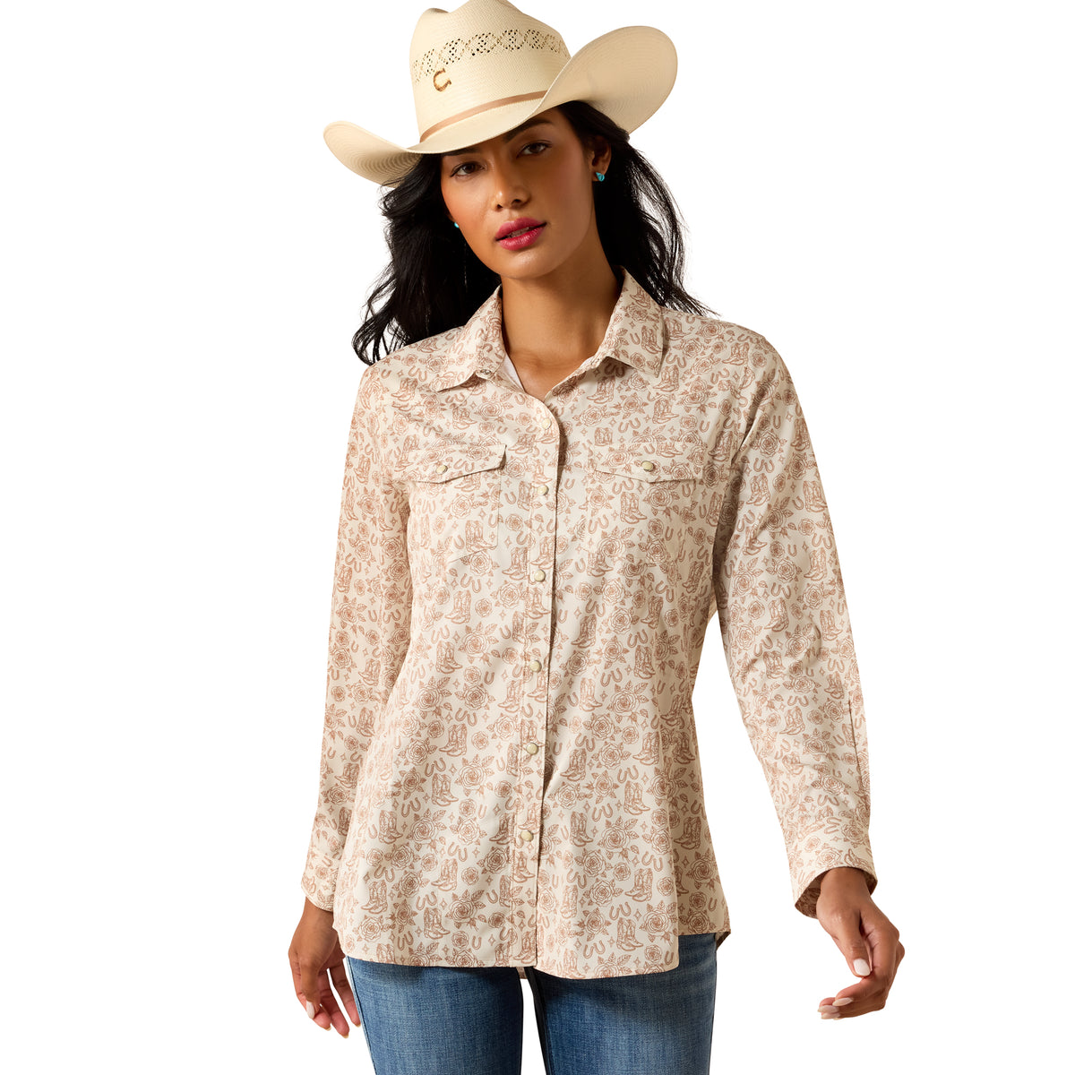Ariat Women's Western VentTEK Shirt with Boots 'N' Roses design, lightweight button-up Western shirt for women.
