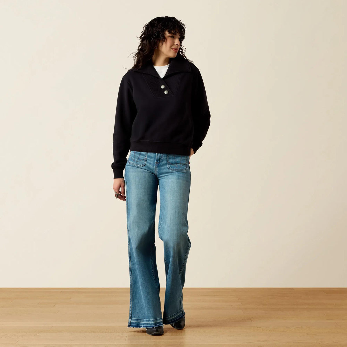 Ariat Women's Butler Pullover in black, full-length view on model
