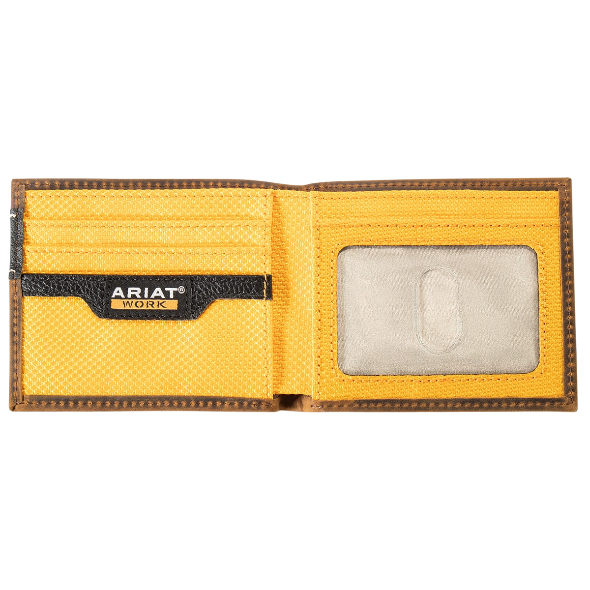 M&F Ariat Work men's bifold wallet with leather finish and multiple card slots, designed for durability and everyday use.