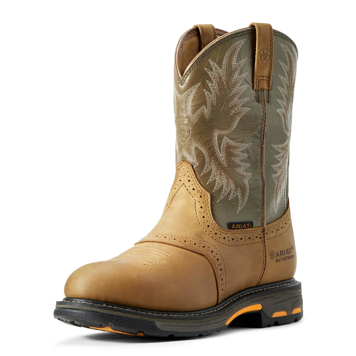 Ariat WorkHog Waterproof Roper Toe Work Boot, Aged Bark – 3-4 front