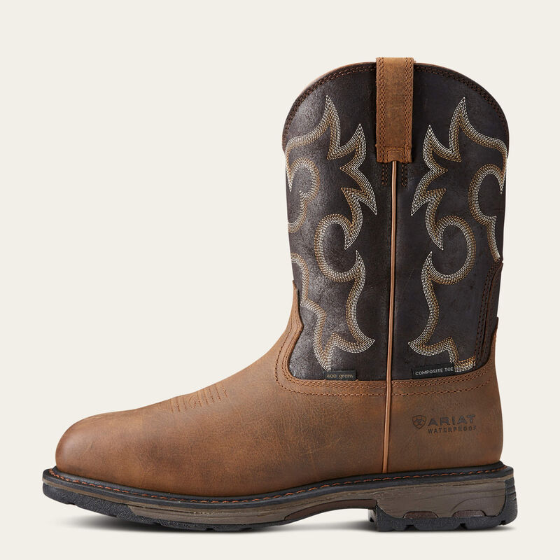 Ariat WorkHog wide square toe waterproof work boots in rye brown with 400g insulation and composite safety toe.