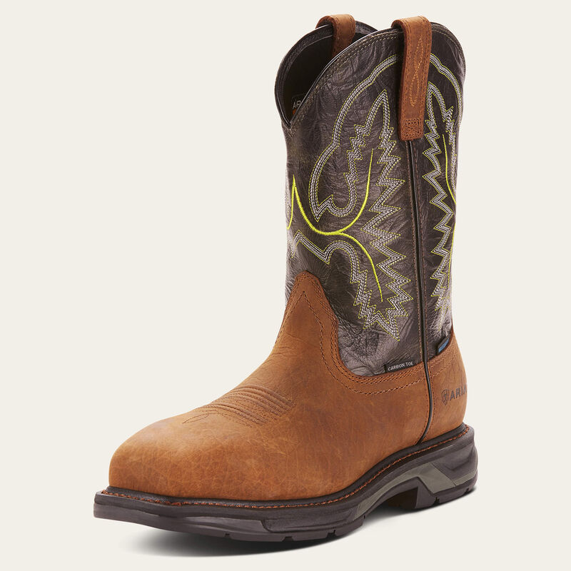 Ariat WorkHog XT waterproof work boots with carbon toe, tumbled bark leather, rugged sole, designed for heavy-duty work environments.