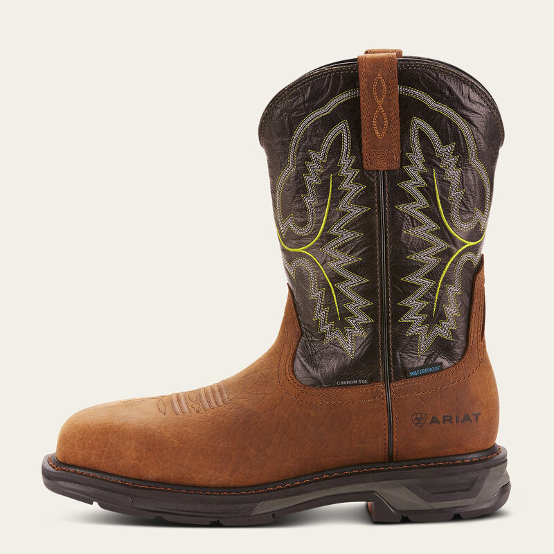 Ariat WorkHog XT waterproof work boots with carbon toe in tumbled bark leather, rugged construction for tough work environments.