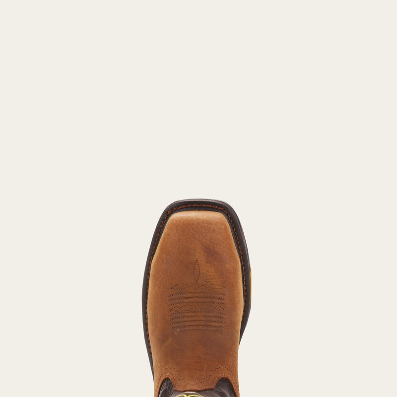 Ariat WorkHog XT waterproof work boots with carbon toe in tumbled bark leather, designed for durability and safety.