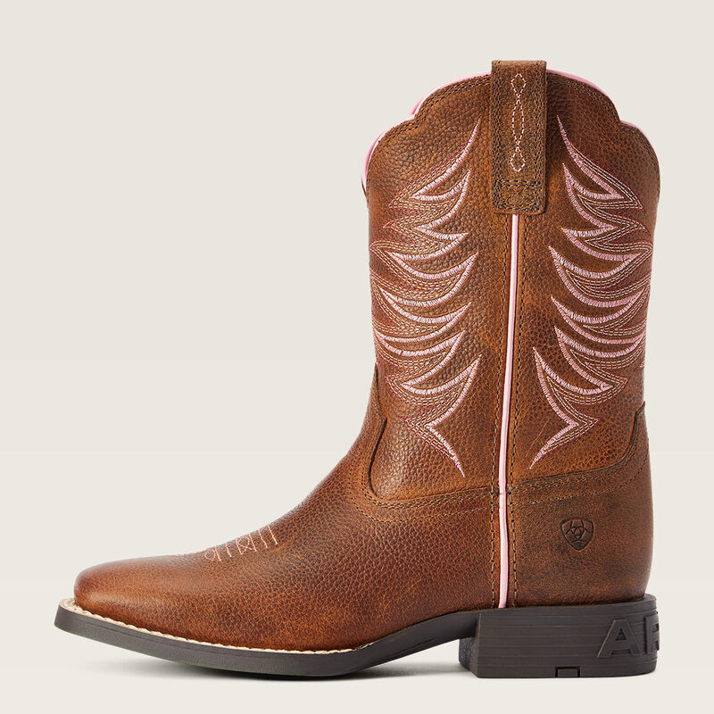 Ariat Youth Firecatcher Western Boot in Rowdy Brown, cowboy-style boots with stitching details for kids.