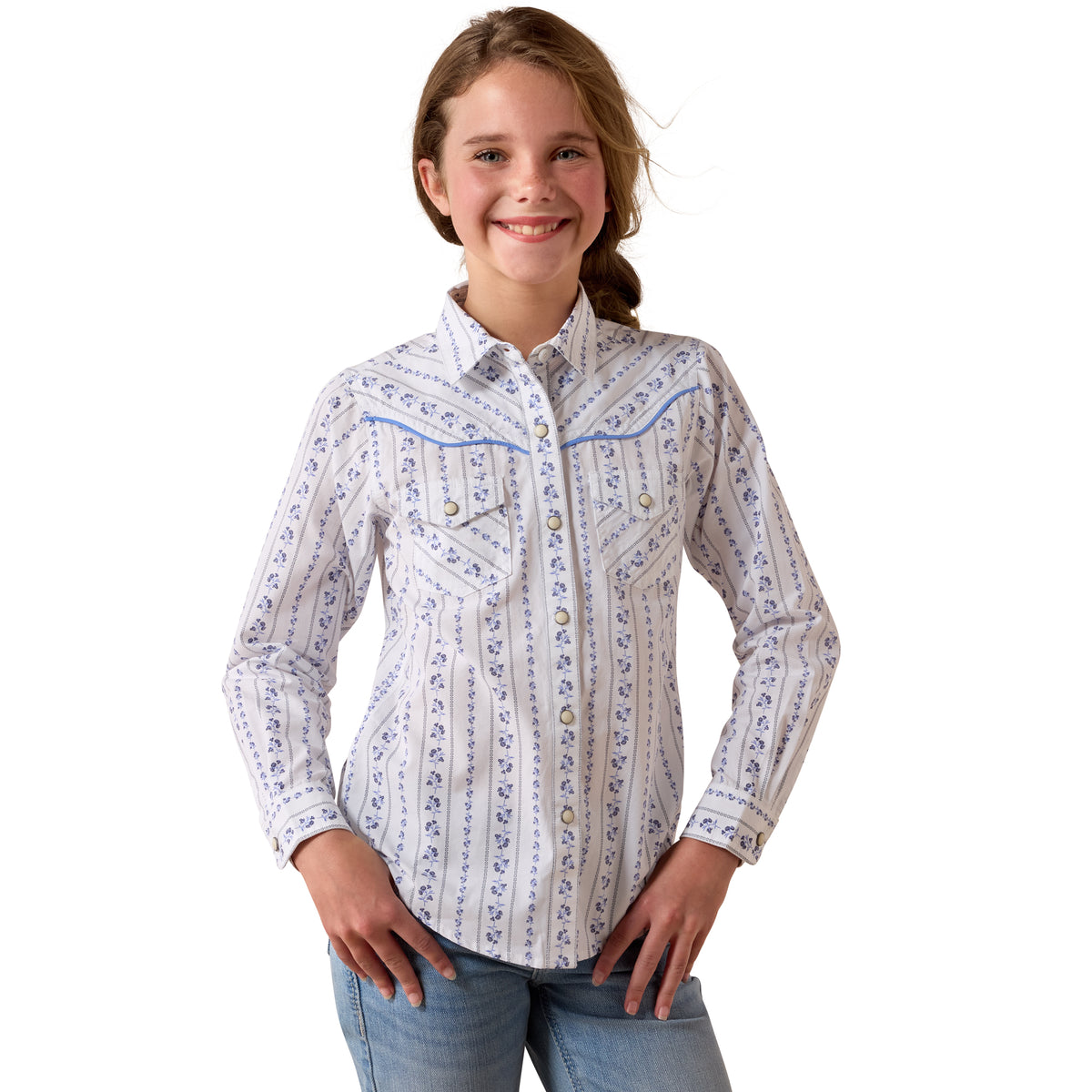 Ariat Youth Grace Shirt in Blossom Stripe featuring a colorful, lightweight cotton design with a classic button-up collar and long sleeves.