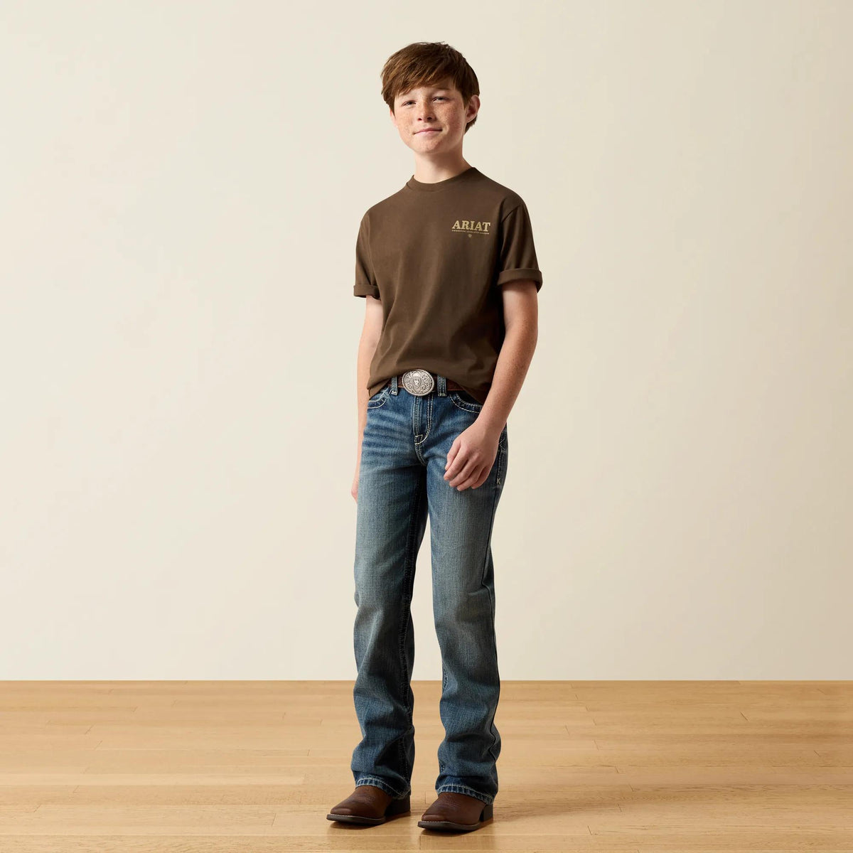 Ariat Youth Mountain Bull t-shirt in Turkish Coffee, full-length view on model