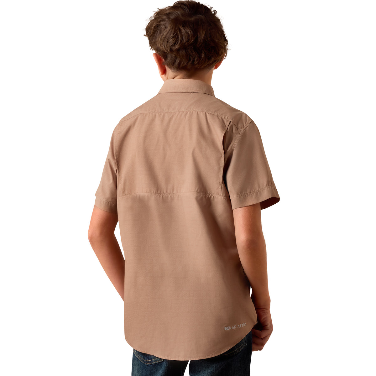 Ariat youth printed VentTEK Outbound shirt in khaki with a Southwest cross print, featuring long sleeves and button front.