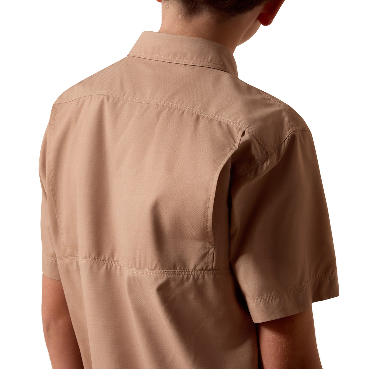 Ariat youth printed VentTEK Outbound shirt in khaki with a Southwest cross print, featuring a button-up style and long sleeves.