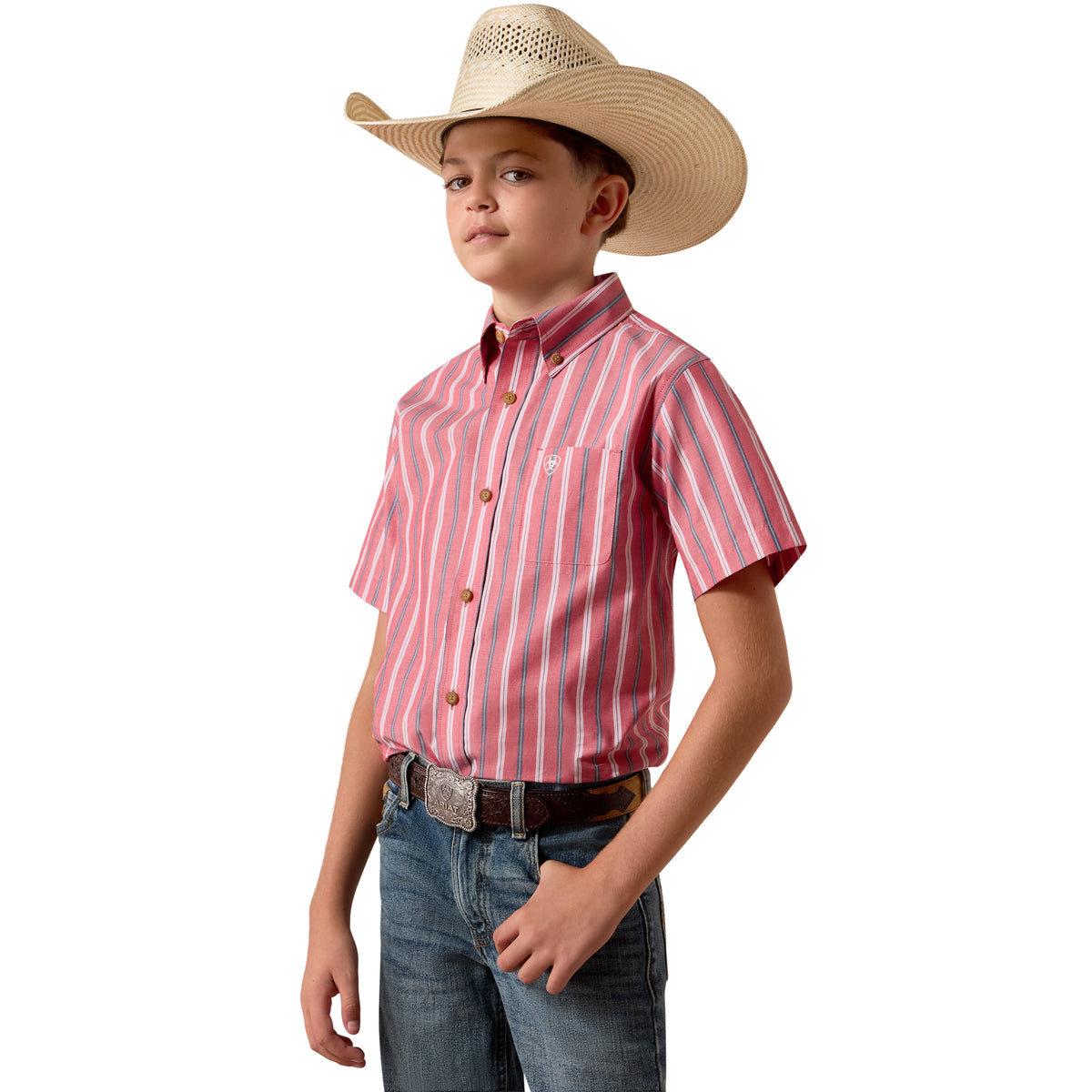 Ariat Youth Pro Series Bobby Shirt in Hibiscus Red Stripe, casual shirt with vibrant red and pink striped pattern for kids.