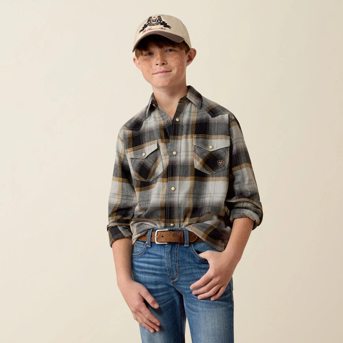 Ariat Youth Retro Heinz classic fit snap shirt in grey heather, front view