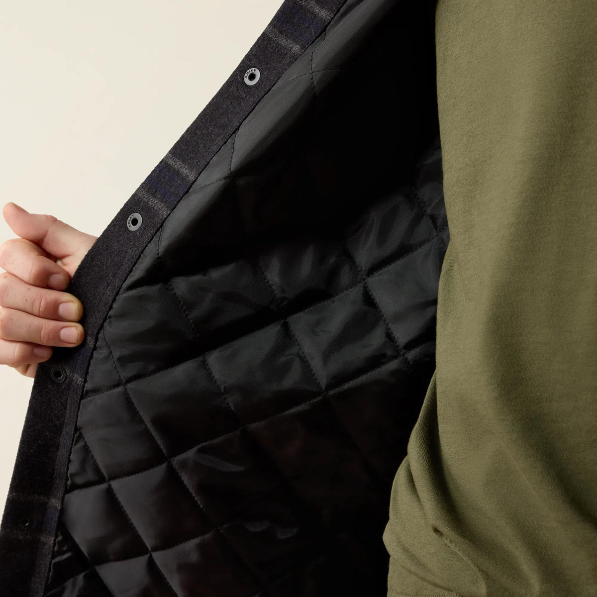 Ariat Youth Retro shirt jacket in charcoal plaid, fabric and pocket detail