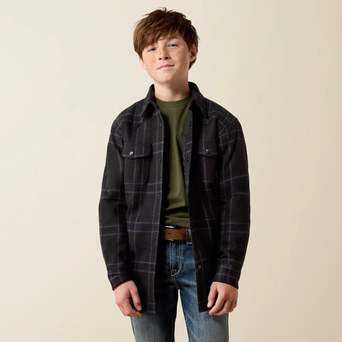 Ariat Youth Retro shirt jacket in charcoal plaid, front view
