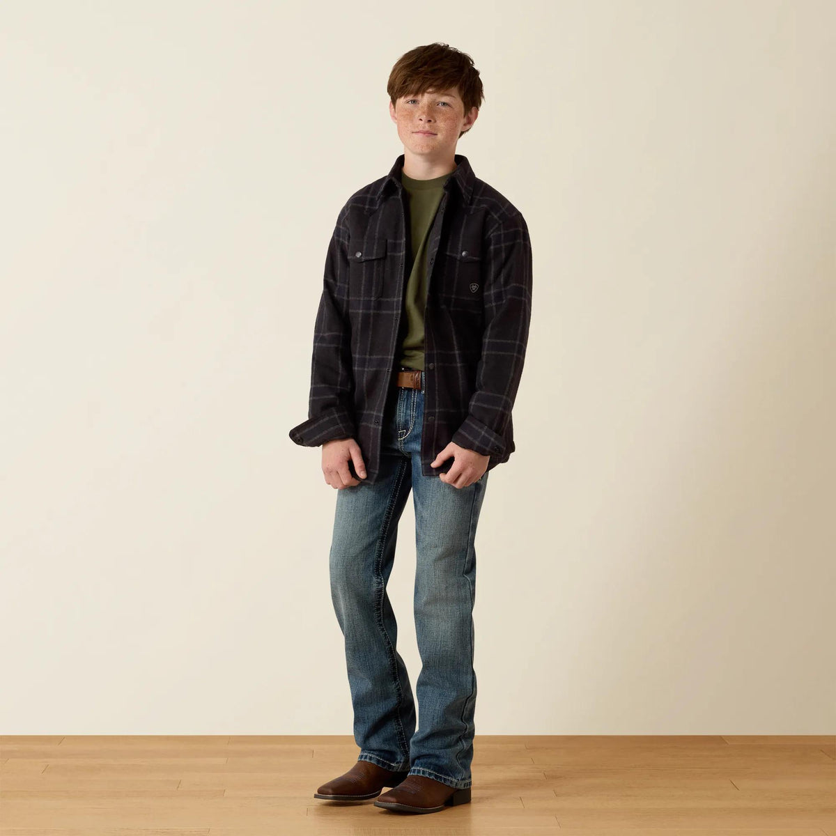 Ariat Youth Retro shirt jacket in charcoal plaid, full-length view on model