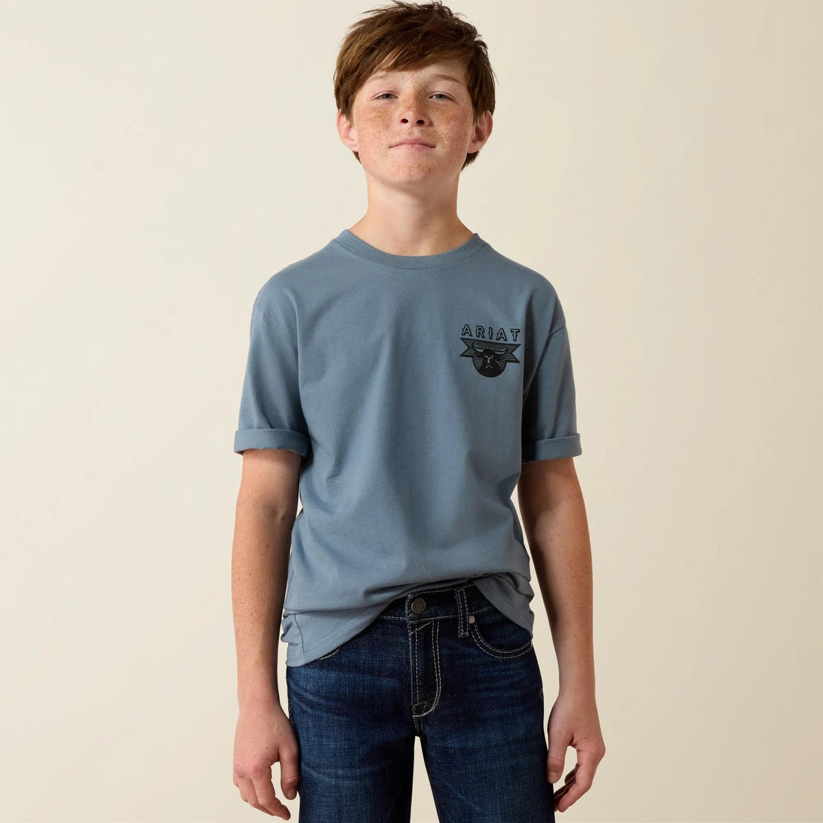 Ariat Youth Rope and Ride t-shirt in light denim, front view with graphic