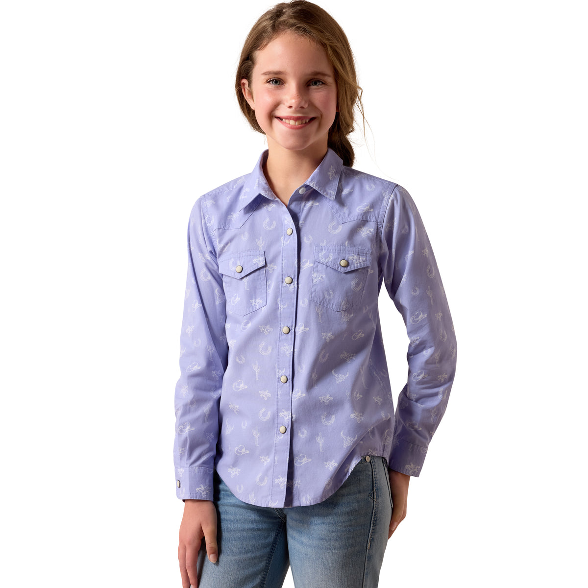 Ariat youth Western motifs shirt in lavender, featuring Western-inspired design and casual fit for boys.