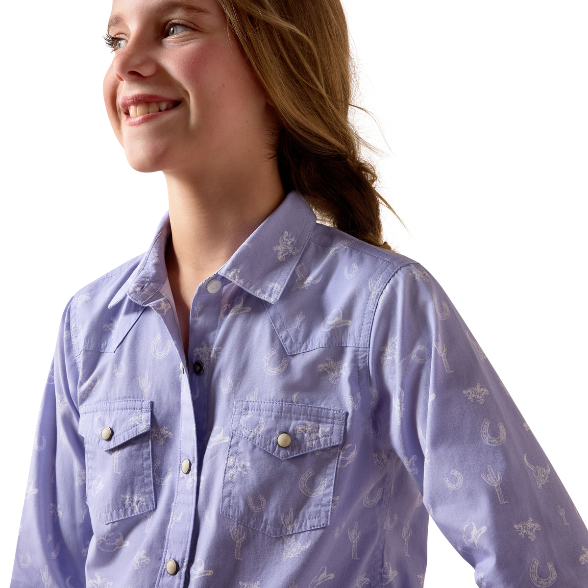 Ariat youth Western motifs shirt in lavender with Western-style embroidery and button-up front, made for young Western wear enthusiasts.