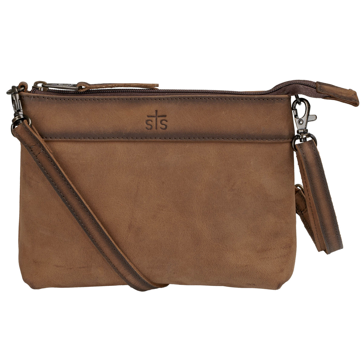 STS Ranchwear Baroness Grace crossbody bag with leather strap and detailed embroidery, showcasing rustic Western style.