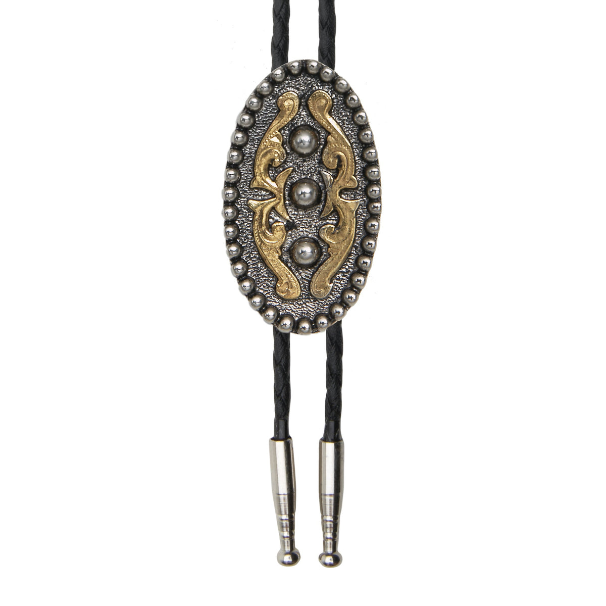 AndWest beaded oval bolo tie with intricate beaded design and metal tips, stylish western accessory.