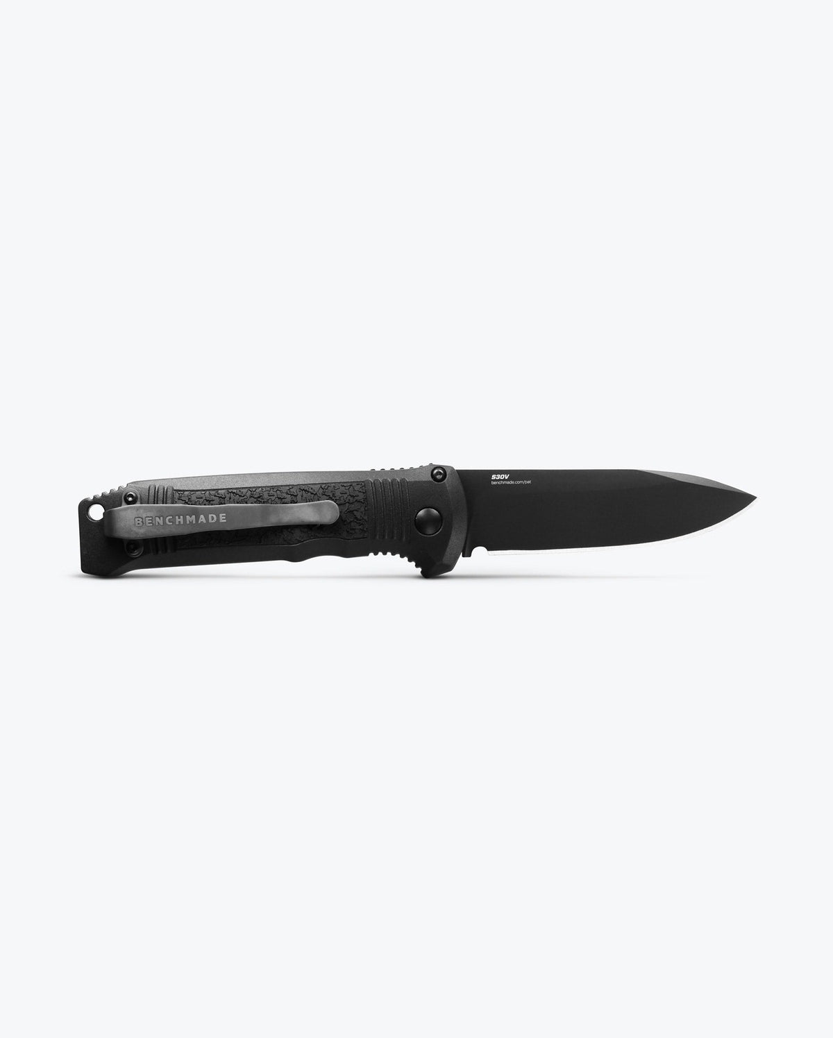 Benchmade Casbah knife with black Grivory handle and stainless steel blade, compact and sturdy for tactical or everyday use.