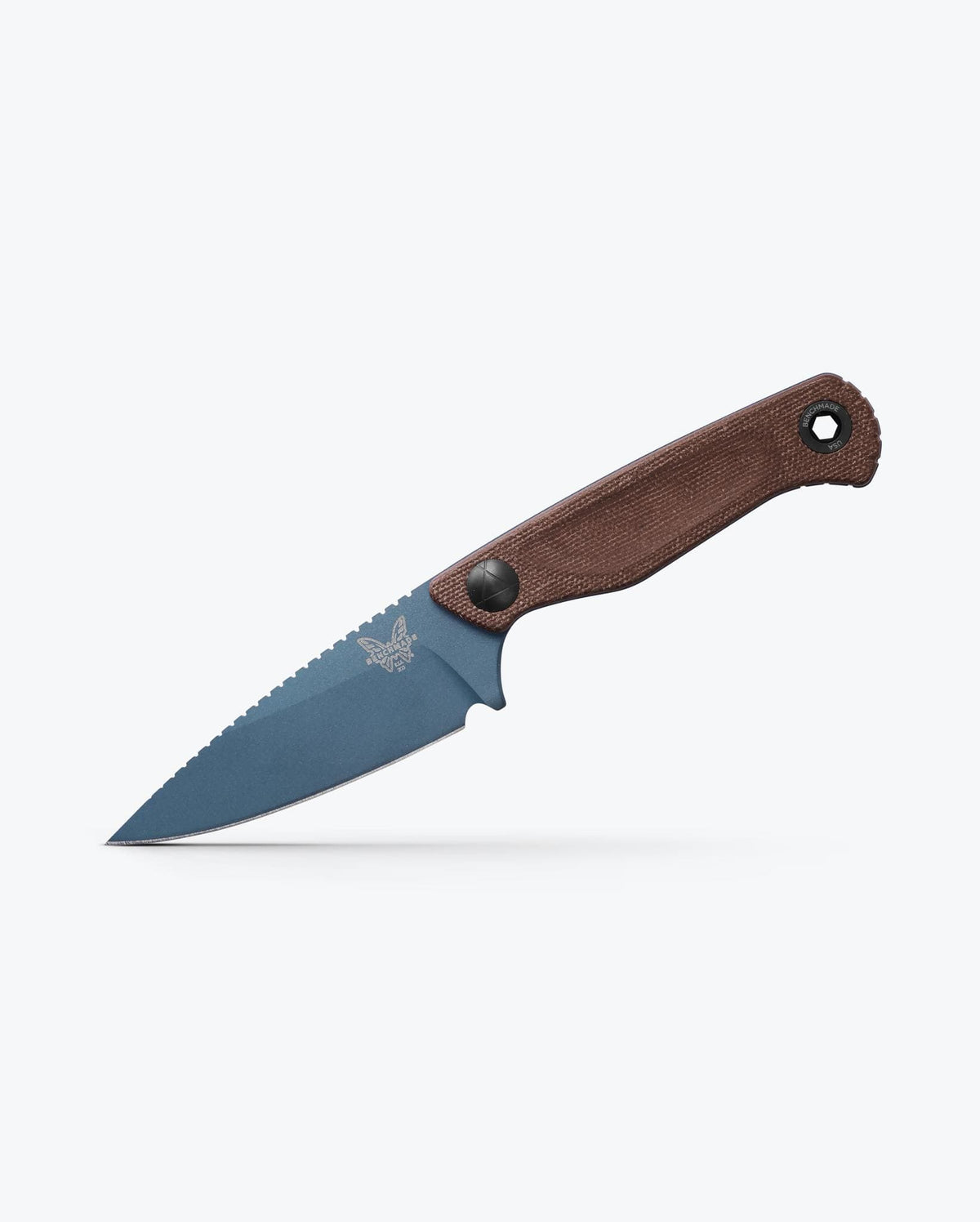 Benchmade Dacian knife with brown canvas Micarta handle and spear-point blade, showcasing a sleek, tactical design.
