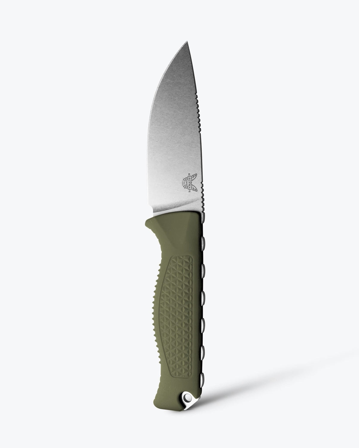 Benchmade Steep Country Knife with dark olive Santoprene handle and drop-point blade, showcasing a durable outdoor knife design.