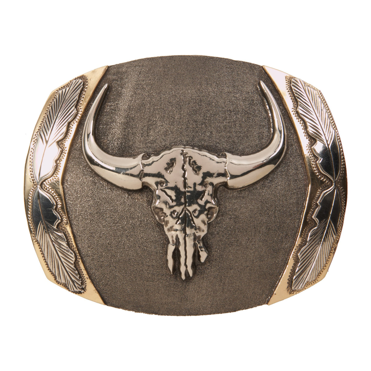 AndWest Big Horn Longhorn Skull belt buckle with feathers, detailed Western-style accessory for cowboy or rustic outfits.