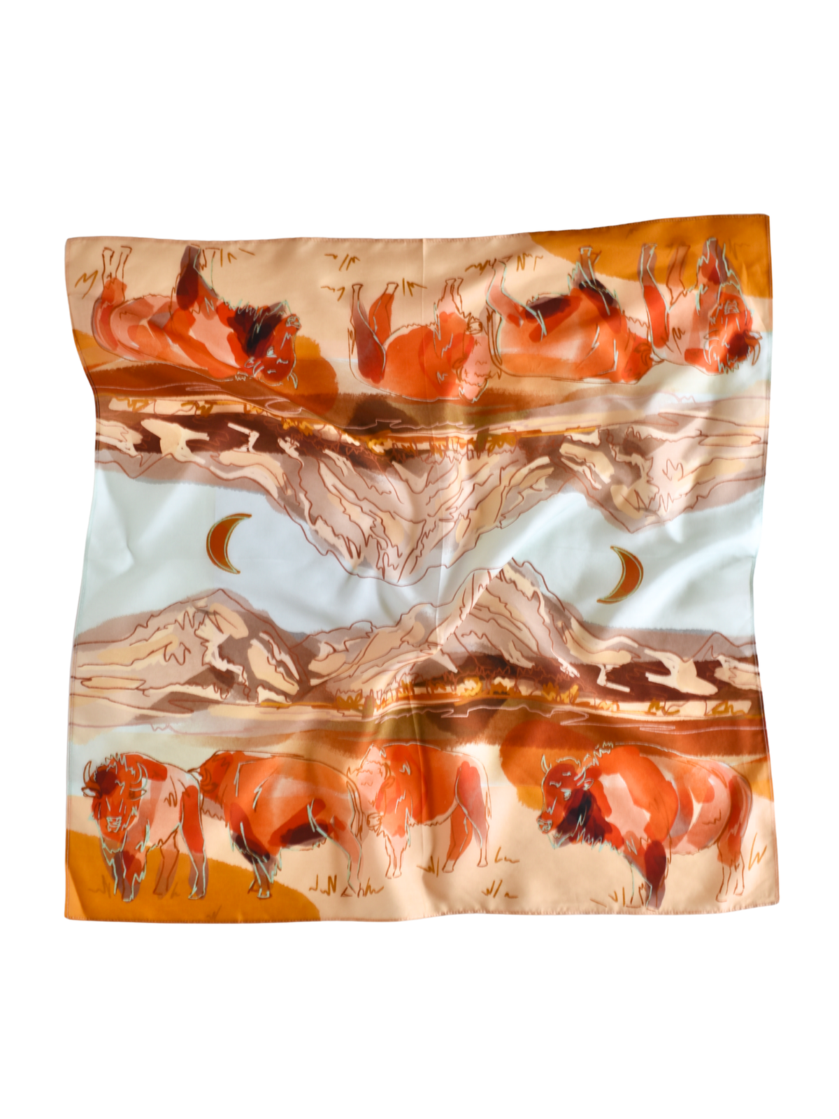 Tirzah Lane Art silk wild rag scarf featuring a bison and mountain range Western buffalo design