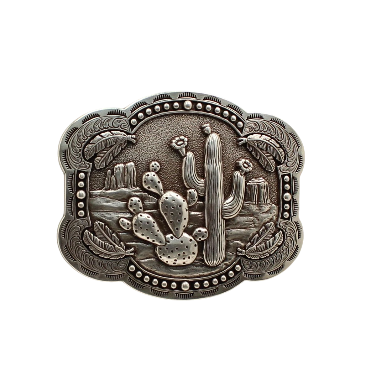 M&F Blazin Roxx cactus and feathers belt buckle with intricate western design featuring cactus and feather motifs.