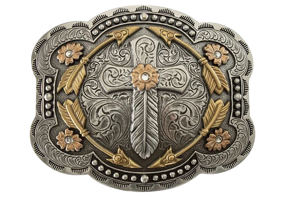M&F Blazin Roxx feather cross and arrows belt buckle with detailed metal design and embossed Western style artwork