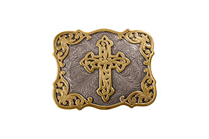 Blazin Roxx rectangular belt buckle with cross and filigree design, silver-tone finish.