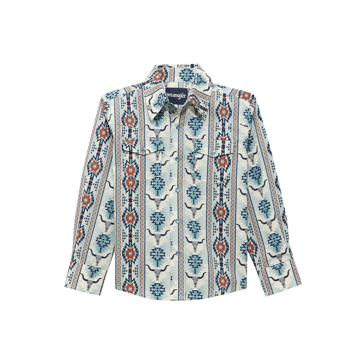 Wrangler boys' Checotah long sleeve shirt in grey multi-color with button-up front and collar, casual boys' clothing.