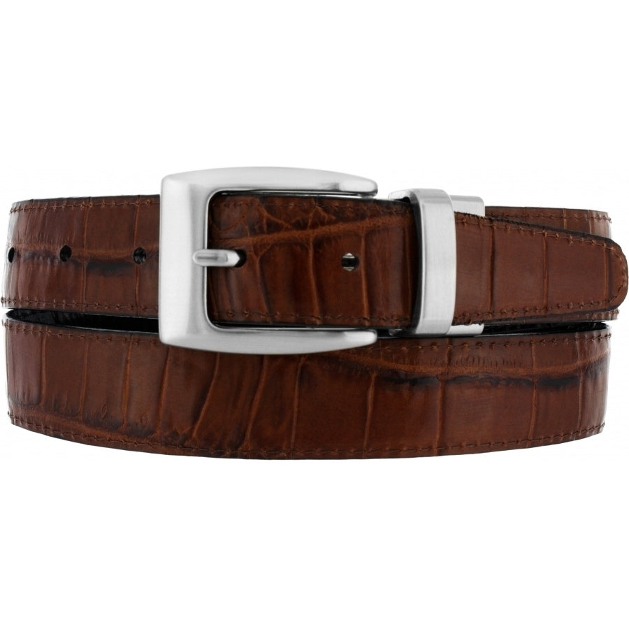 Leegin Brighton Reversible Croco Belt showing textured crocodile pattern, brown and black sides, and silver buckle.