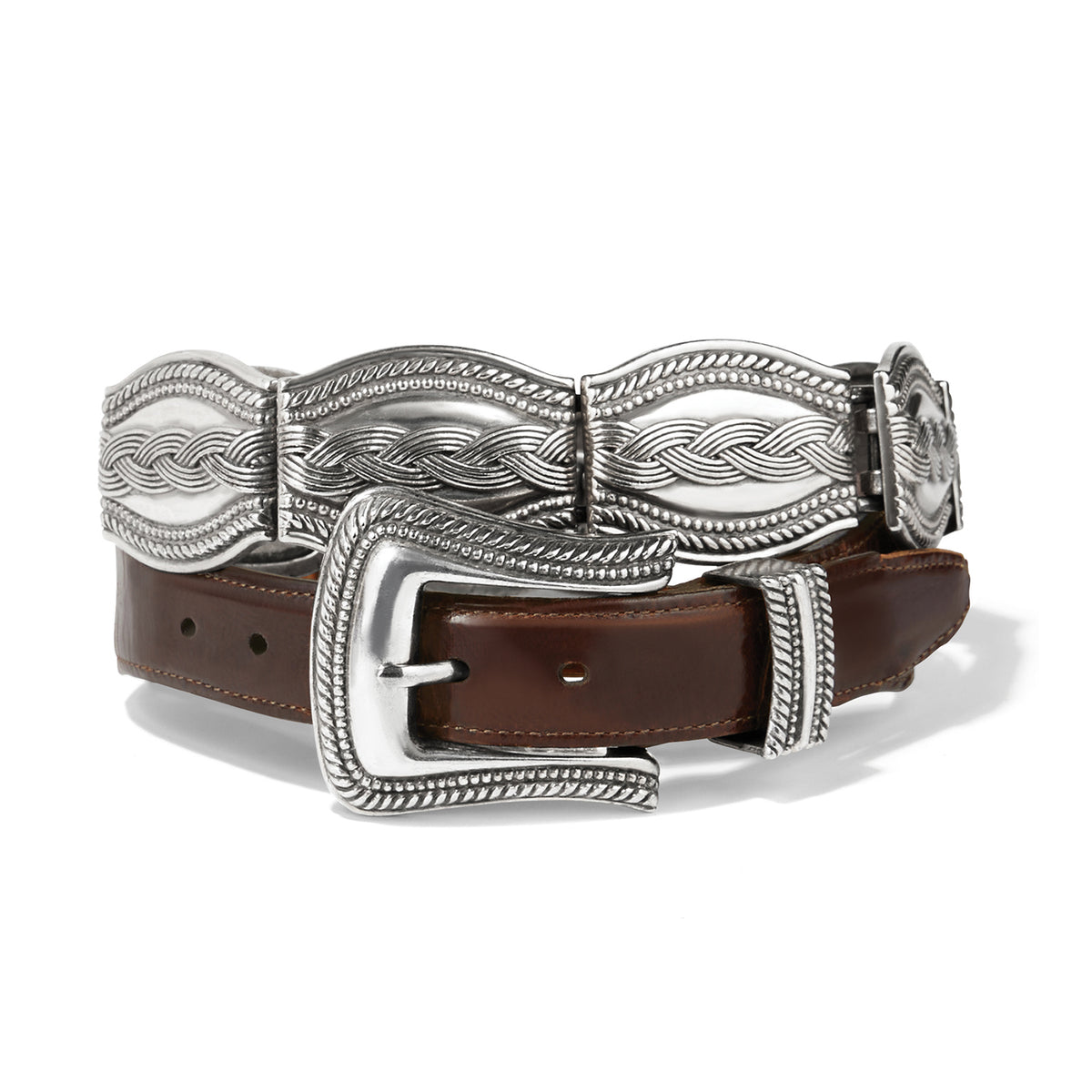 Leegin Brighton Silver Links Belt with interconnected silver metal links, stylish and versatile accessory for men or women.